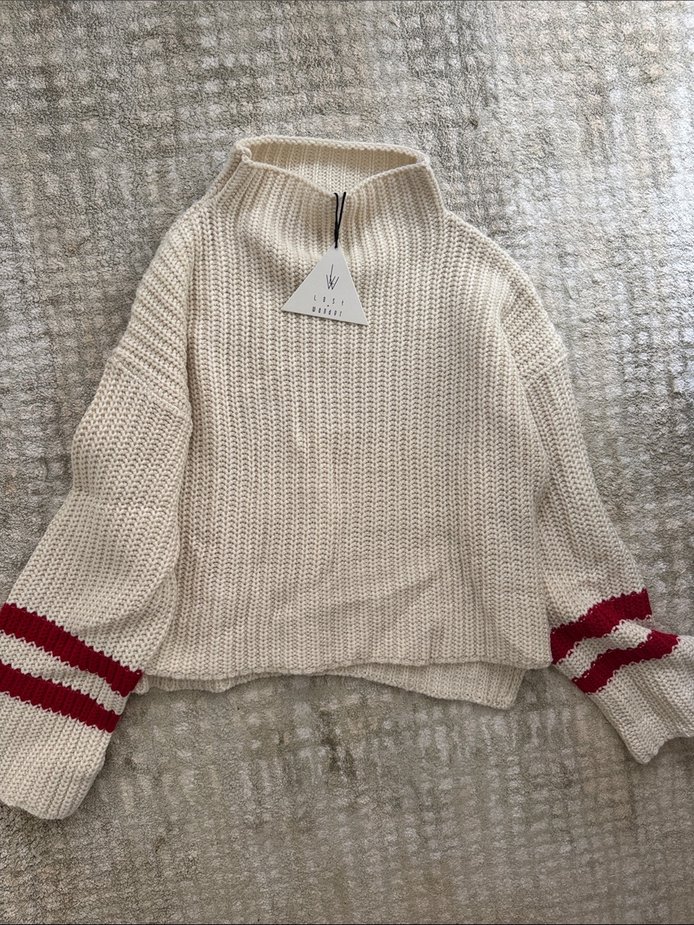 Cream Knit Cowl Sweater with Red Stripe Sleeves